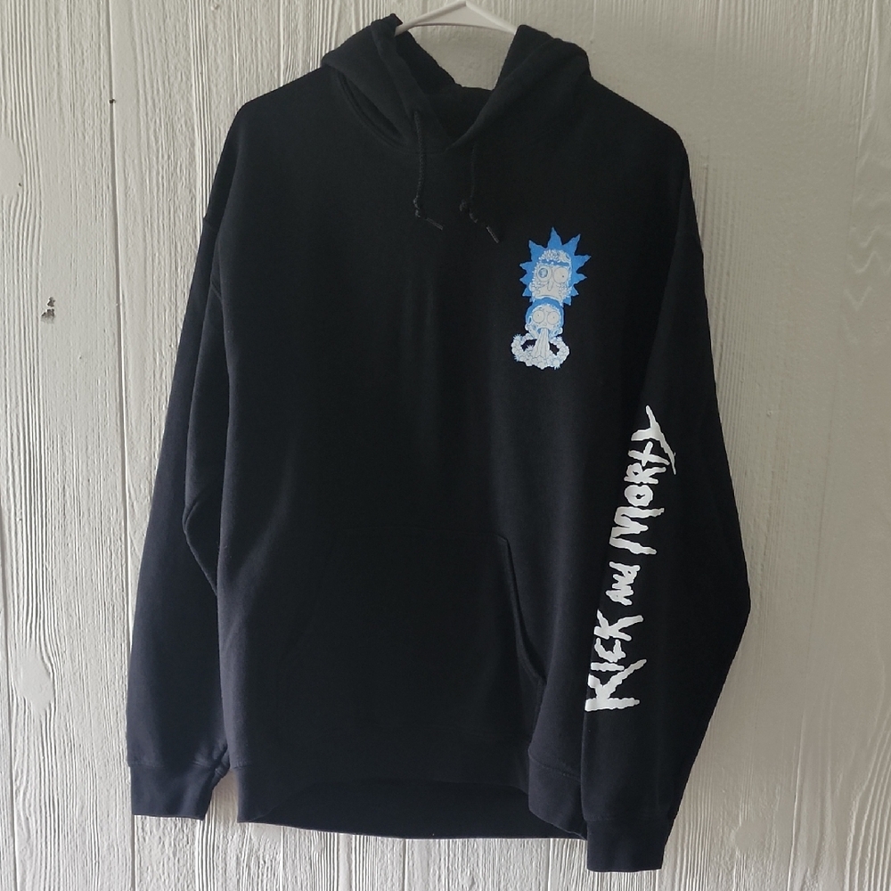 Black Graphic Hoodie with Blue and White Design